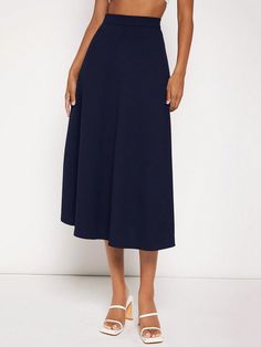 Women's Summer Casual Solid Color High Waist A-Line Skirt Navy Blue Elegant   Fabric Plain A Line Medium Stretch Fall/Winter Women Clothing, size features are:Bust: ,Length: ,Sleeve Length: Skirt Aesthetic, Navy Blue Skirt, Mid Skirt, Elegant Dresses Long, Women Midi, Knee Length Skirt, Womens Midi Dresses, Elegant Dress, A Line Skirt