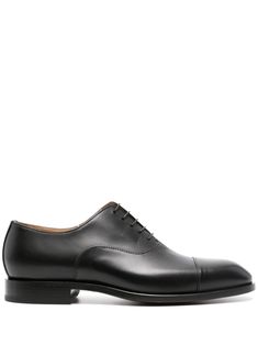 black calf leather smooth grain panelled design tonal stitching almond toe front lace-up fastening slip-on style stacked sole branded leather insole leather lining Leather Oxford Shoes, Shoes Black, Sewing Hacks, Calf Leather, Oxford Shoes, Grain, Men's Shoes, Almond, Oxford