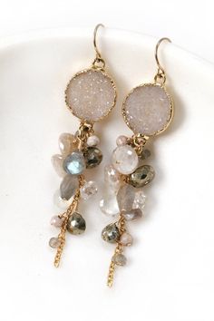 Gemstone and Druzy Cluster Earrings - Mickey Lynn Diy Druzy Earrings, Gemstone Accessories, Earrings 2022, Aqua Earrings, Mala Jewelry, Crystal Anklet, Druzy Jewelry, Diffuser Jewelry, Gem Earrings