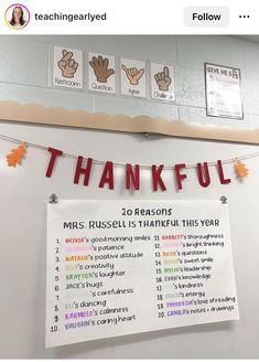 a sign that says thank you all for thanksgiving and is hanging on the wall in front of a bulletin board