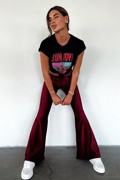 DETAILS Add retro-inspired bottoms to your casual wardrobe with the Burgundy Mel Velvet Flare Bells. These bells are impossibly soft and perfectly warm for the breezy chill of fall days or spring evenings. A flared bell bottom leg creates flowy, artful movement, which brings to life the luminous color of the fabric. Color: Burgundy Cotton/Polyester Machine wash cold/warm Tumble dry on low MADE IN LOS ANGELES Velvet Flares, Fall Days, Burgundy Velvet, Luminous Colours, Bell Bottom, Clothing Co, Dress Romper, Autumn Day, Casual Wardrobe