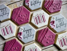 decorated birthday cookies arranged in the shape of hexagons