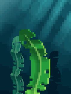 an image of a pixelated green plant in the ocean with blue water behind it