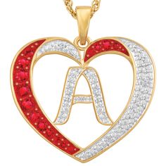 Embraced in love...Gorgeous 14kt gold-plated heart pendant.Your initial aglow with genuine diamonds.Embraced by sparkling ruby-red crystals. Mother's Day Red Cubic Zirconia Jewelry, Red Cubic Zirconia Jewelry For Mother's Day, Valentine's Day Cubic Zirconia Initial Pendant Jewelry, Personalized Red Double Heart Jewelry, Red Heart Pendant Jewelry With Diamond Accents, Valentine's Day Red Necklace With Diamond Accents, Red Necklaces With Diamond Accents For Valentine's Day, Valentine's Day Diamond Initial Pendant Jewelry, Diamond Initial Pendant Jewelry For Valentine's Day