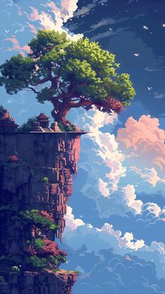 a tree on top of a cliff in the sky with clouds above it and an island below