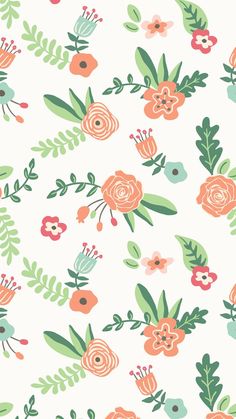 an orange and green floral pattern on white background