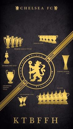 an image of the chelsea team's trophies and their names on a black background