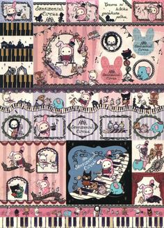 an image of hello kitty wallpaper with many different things on it's side