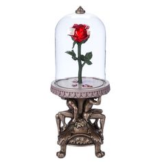 a red rose in a glass dome on a stand with a metal base and legs