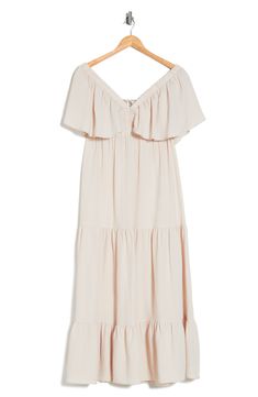 An open back enhances the breezy, boho vibe of a flutter-sleeve maxi dress fashioned in a crinkled, tiered silhouette. 56" length Ties in back Deep V-neck Short sleeves Unlined 96% polyester, 4% elastane Hand wash, line dry Imported Spring Summer Flowy Maxi Dress, Flowy Spring Maxi Dress For Summer, Flowy Maxi Dress For Spring, Spring Daytime Maxi Dress, Flowy Breezy Rayon Maxi Dress, Chic V-neck Maxi Dress For Daytime, Flowy Short Sleeve Maxi Dress In Breezy Style, Flowy Breezy Short Sleeve Maxi Dress, Brunch Maxi Dress With Smocked Back And Flowy Skirt