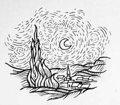 an ink drawing of a night sky with stars and clouds