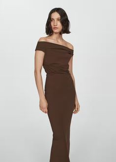 Off-the-shoulder draped dress - Women | Mango USA Chocolate Bridesmaid Dresses, Midi Dress Wedding, Summer Color Trends, Midi Design, Chocolate Brown Dress, Brown Bridesmaid Dresses, Tan Wedding, Brown Midi Dress, Mango Dress