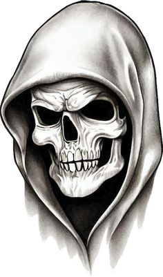 a drawing of a skull wearing a hood