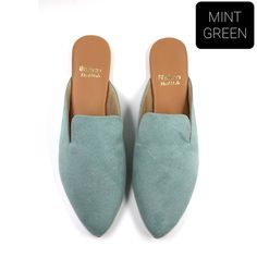 Suede Closed Toe Mules With Branded Insole, Flat Suede Mules With Leather Sole, Suede Mules With Flat Heel, Chic Suede Mules With Rubber Sole, Suede Slippers With Leather Sole For Spring, Spring Suede Slippers With Leather Sole, Trendy Green Slip-on Slippers, Summer Suede Loafers With Suede Lining, Trendy Suede Slip-on Mules