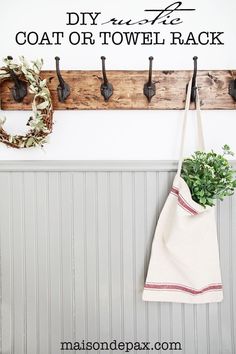 a towel hanging on a coat rack next to a potted plant and two hooks