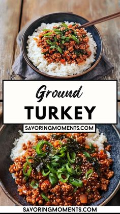 ground turkey and rice in a bowl with chopsticks