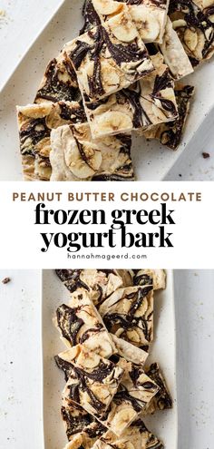 peanut butter chocolate frozen greek yogurt bark on a white plate with text overlay