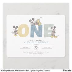 a mickey mouse birthday party card with the number one on it's front and bottom