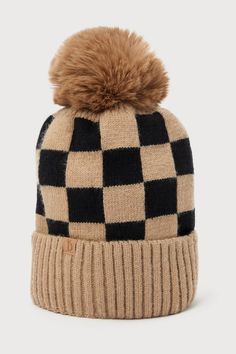 The Lulus Embracing the Cozy Light Brown Checkered Pom Pom Beanie is essential for dressing the part for the chilliest of days! Pass any vibe check with this totally trendy knit beanie that boasts a cool checkered design throughout the classic silhouette, along with a ribbed upturned cuff and a soft faux fur pom pom at the top that completes this seasonal favorite look. Fabric: Fabric is very stretchy. Beanie measures 11" tall with 17" opening (relaxed). Body: 100% Acrylic. Faux Fur: 100% Polyes Casual Plaid Hat For Fall, Casual Acrylic Hats For Fall, Casual Brown Acrylic Beanie, Fur Pom Pom Beanie, Brown Checkered, What Is Trending Now, Checker Design, Checkered Design, Vibe Check