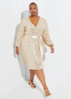 Brilliantly sparkle like a cherished Christmas ornament in this breathtaking wrap dress. Satin buttons line along the skirt as petite sequin are expertly matched to the tonal mesh before being finished with a waist-defining satin sash. This dress is part of our limited-edition holiday collection. Plus Size Holiday Party, Wrap Dress Plus Size, Plus Size Holiday, 50th Anniversary Party, Clothes Spring, Plus Size Cocktail Dresses, Plus Size Bodycon, Satin Sash, Holiday Party Dresses