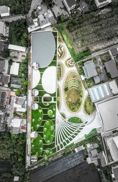 an aerial view of a park with lots of grass