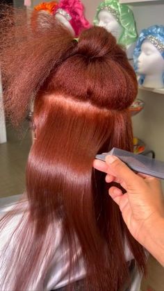 Copper Hair Silk Press, Silk Press And Dye On Natural Hair, Copper Silk Press Natural Hair, Dark Ginger Natural Hair, Burgundy Ginger Hair, Ginger Hair Silk Press, Copper And Ginger Hair, Fall Dyed Hair, Colored Silk Press