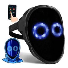 a blue light up headband with the word oo on it and a phone next to it