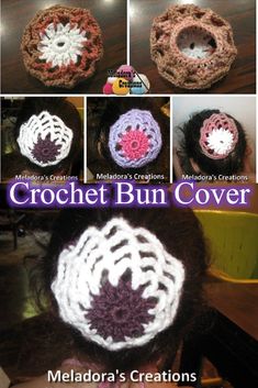 crochet bun cover is shown in multiple different colors and sizes, along with instructions to make it