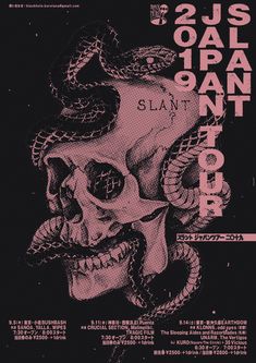 a poster with an image of a skull and snake on it's head, in pink