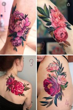 four pictures of different flowers and leaves on the back of a woman's shoulder