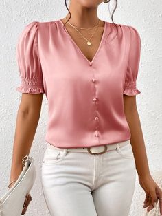 Dusty Pink Elegant Collar Short Sleeve Woven Fabric Plain Top Embellished Non-Stretch  Women Clothing Evening Dresses Short, 70 Dress, Pink Blouse, Sweater Blouse, Blouse Styles, Short Tops, Blouse Designs, Puff Sleeve, Short Sleeves Tops