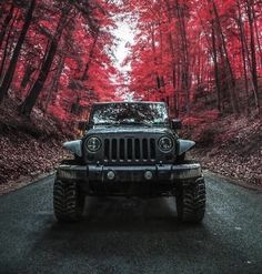 a black jeep parked on the side of a road in front of trees with red leaves