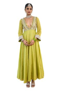 Lime green anarkali featuring sequin, lace and cutwork detailing on the yoke. Paired with a sequin embroidered scallop hem dupatta. - Aza Fashions Anarkali With Dupatta, Green Anarkali, Embroidered Anarkali, Scallop Hem, Scalloped Hem, Cut Work, Anarkali, Aza Fashion, Three Quarter