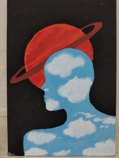 a painting of a man's head with saturn in the sky above it and clouds below