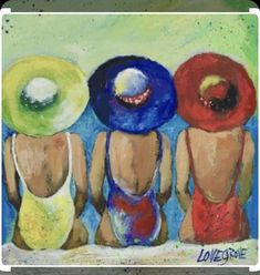 three women in bathing suits with hats on their heads