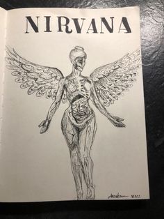 a drawing of a man with wings on top of his body and the words nirvana above it