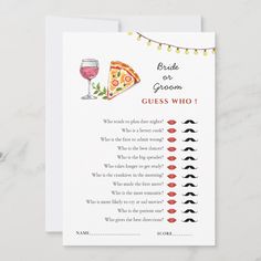 a card with the words bride and groom guess who to drink on it next to a glass of wine