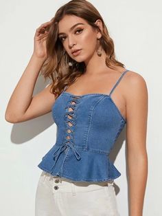 Casual Christmas Party Outfit For Women, Lace Up Corset Dress, Casual Christmas Party Outfit, Satin Corset Top, Satin Bustier, Denim Corset Top, Ruffle Hem Skirt, Top Bustier