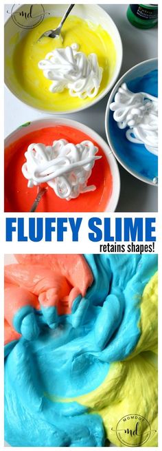 three different colors of paint in bowls with the words fluffy slime on them