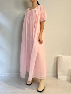 "- Vintage pink night gown and robe set - 100% nylon - Made in Canada - Small  Bust: 17.5\" Length: 50\"" Pink Robe For Spring Sleepwear, Pink Robe For Sleep And Spring Season, Pink Feminine Robe For Sleepover, Feminine Pink Robe For Sleepover, Pink Spring Nightgown For Sleep, Pink Spring Night Robe, Vintage Pink Robe For Loungewear, Spring Pink Nightgown For Pajama Party, Spring Sheer Nightgown For Sleep