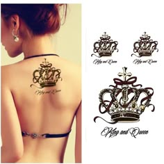 the back of a woman's body with tattoos on it and crown designs around her neck