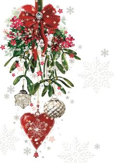 a christmas card with red and white ornaments hanging from it's side, surrounded by snowflakes