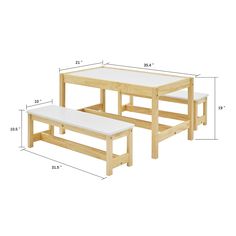 the table and bench are shown with measurements for each piece in this set, along with their corresponding heights