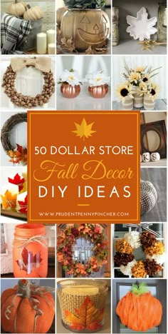 some pumpkins and other fall decorations with the words 50 dollar store fall decor diy ideas