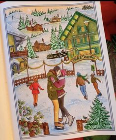 an open book with a drawing of people in the snow