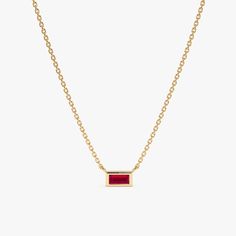 Yellow Gold Baguette Ruby Necklace Collage Items, Ruby Jewelry Necklaces, Jewelry Necklace Simple, Necklace Stack, Ruby Birthstone, Handmade Fine Jewelry, Solid Gold Chains, Red Necklace, Ruby Necklace