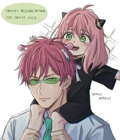 two anime characters with pink hair and green eyes, one holding the other's head