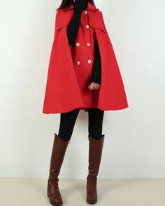 * A cool and long wool cape coat, very elegant. * With double row black buttons and two pockets, fully lined. * Material: out shell - 50% wool, 50% polyester; lining - 100% polyester * Care: dry cleanable * Shop sizing chart FYI ( made according to US sizing. actual body figures, not laying flat clothes measurements) Size XS (US 2, UK 6, German 32, French 34, ) Bust: fits bust around 33.5 inches/85cm Waist: fits waist around 26 inches/66cm Hips: fits hips around 36 inches/91cm Size S (US 6, UK 1 Wool Long Coat Cape For Winter, Winter Wool Long Cape Coat, Red Oversized Cape Outerwear, Winter Wool Cape, Winter Cape With Button Closure, Chic Winter Capelet, Winter Cape Outerwear With Button Closure, Winter Workwear Cape With Cape Sleeves, Wool Cape With Buttons For Winter