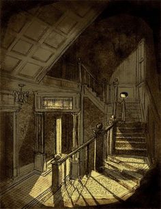 a drawing of a staircase in a house