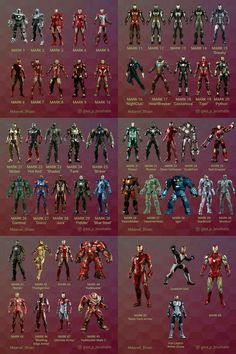 a bunch of action figures are shown in different positions and sizes, all with their names on them